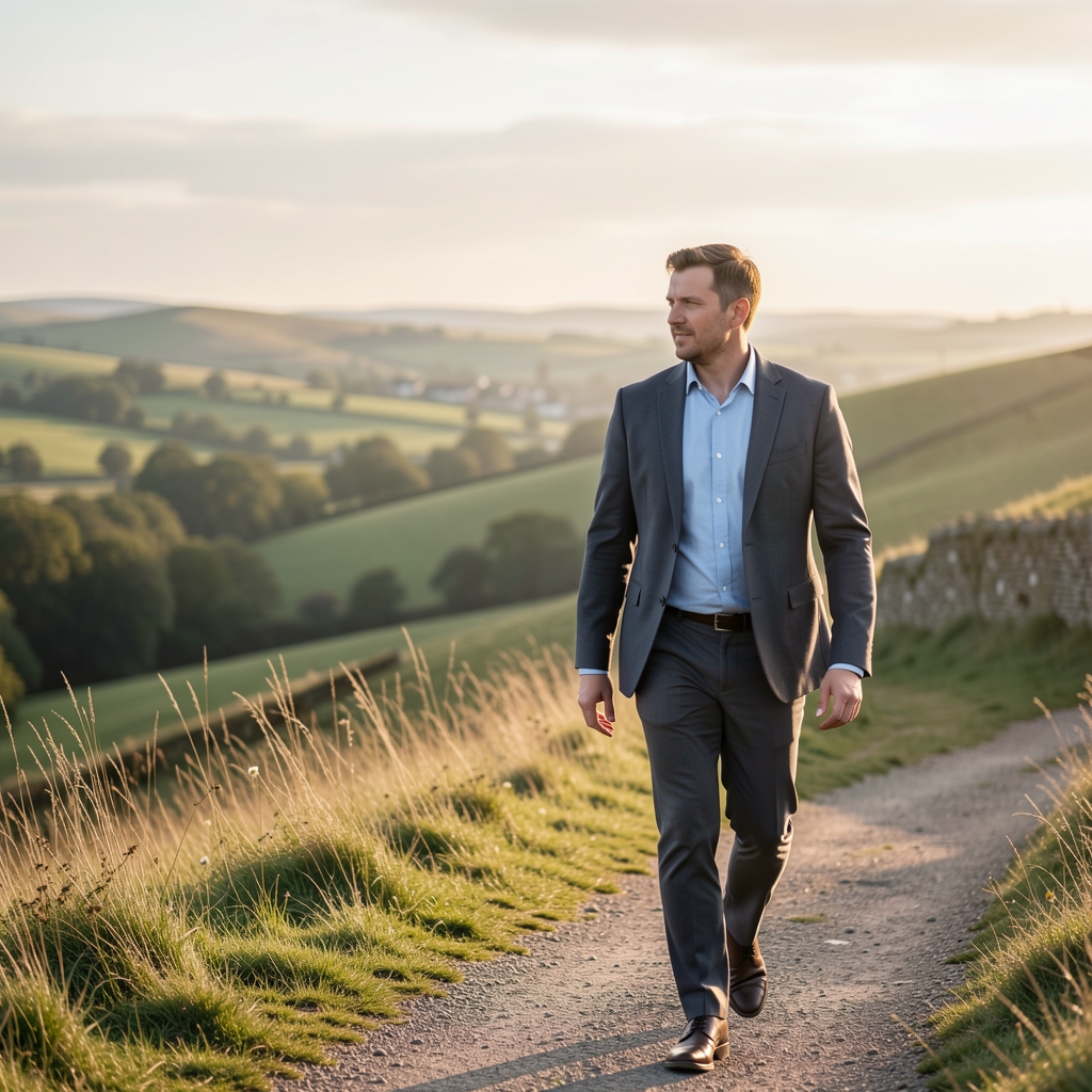 Man walking beside Sheffield hills in soft morning light, reflecting on bone and joint wellbeing — Trenvol editorial